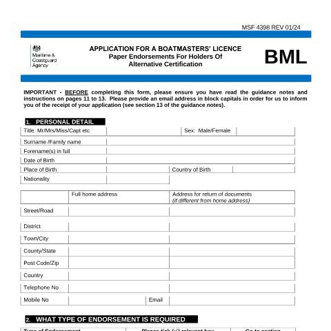 Document preview: How to apply for a Boatmasters' licence paper endorsement — Maritime and Coastguard Agency, United Kingdom