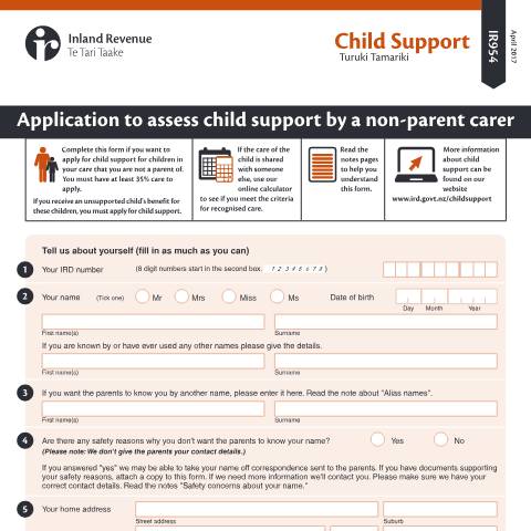 Document preview: Application to assess child support by a non-parent carer — Child support, New Zealand (CERFA n°IR954)