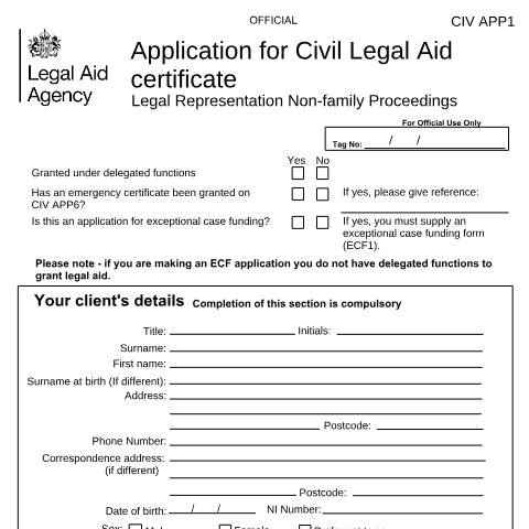Document preview: CIV APP1: application for civil legal aid certificate — Legal Aid Agency, United Kingdom