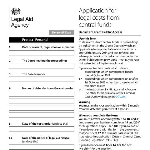 Document preview: Apply for costs from central funds: Direct Public Access: Crown Court (form 5913a) — Legal Aid Agency, United Kingdom