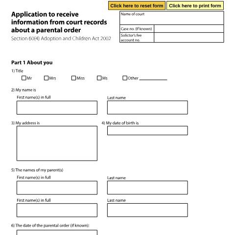 Document preview: Form A64A: Application to receive information from court records about a parental order — HM Courts & Tribunals Service, United Kingdom