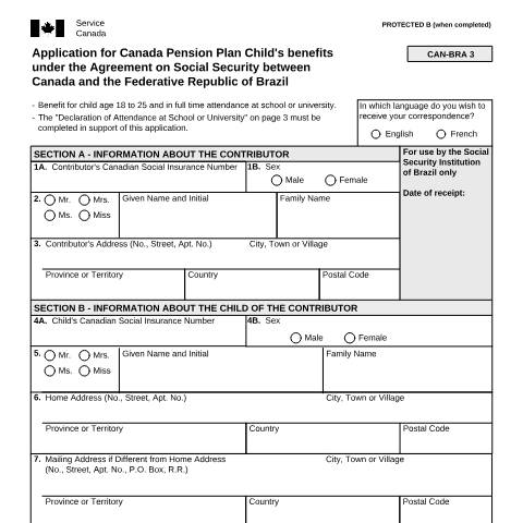 Document preview: Brazil/Canada Agreement - Application for CPP Child's Benefits — Income Security Programs, Canada (CERFA n°ISP5055-BRA)