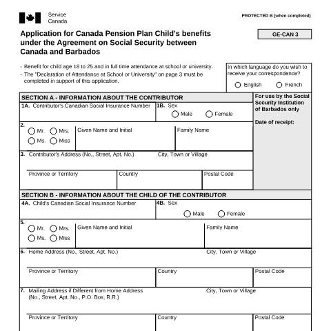 Document preview: Barbados/Canada Agreement - Application for CPP Child's Benefits — Income Security Programs, Canada (CERFA n°ISP5055-BRB)