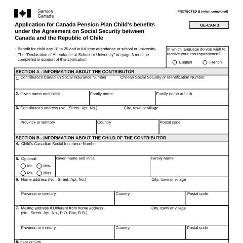 Document preview: The Republic of Chile/Canada Agreement - Application for CPP Child's Benefits — Income Security Programs, Canada (CERFA n°ISP5055-CHL)