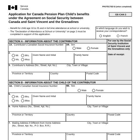 Document preview: Saint Vincent and the Grenadines/Canada Agreement - Application for CPP Child's Benefits — Income Security Programs, Canada (CERFA n°ISP5055-VCT)