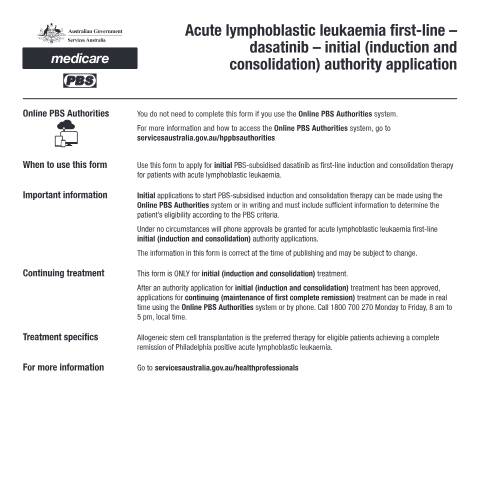 Document preview: Acute lymphoblastic leukaemia first line - dasatinib - initial (induction and consolidation) authority application form (PB271) — Services Australia — Health professionals, Australia (CERFA n°PB271)