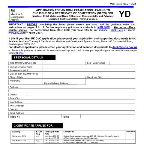 Document preview: How to apply for a deck yacht certificate of competency — Maritime and Coastguard Agency, United Kingdom