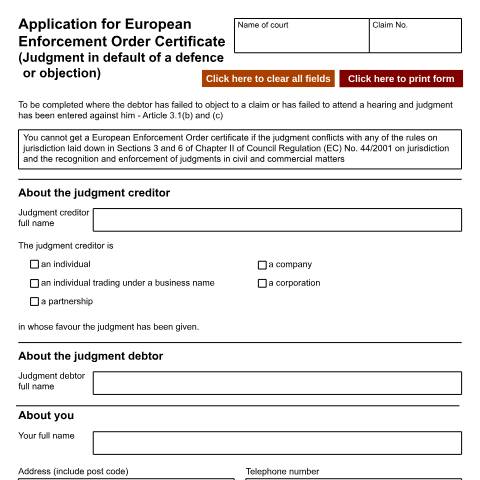 Document preview: Apply for a European Enforcement Order certificate - judgment in default of a defence or objection: Form N219A — HM Courts & Tribunals Service, United Kingdom