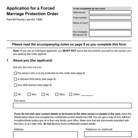 Document preview: Form FL401A: Application for a Forced Marriage Protection Order — HM Courts & Tribunals Service, United Kingdom