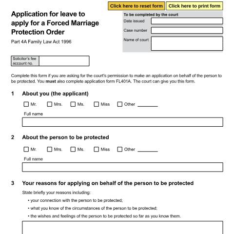 Document preview: Application for leave to apply for a Forced Marriage Protection Order: Form FL430 — HM Courts & Tribunals Service, United Kingdom