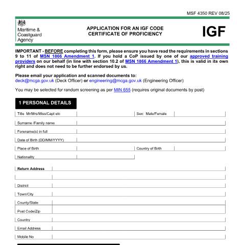 Document preview: How to apply for an IGF certificate of proficiency — Maritime and Coastguard Agency, United Kingdom