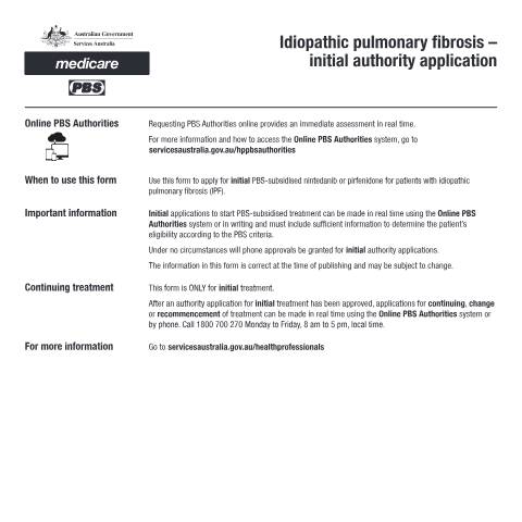 Document preview: Idiopathic pulmonary fibrosis - initial authority application form (PB208) — Services Australia — Health professionals, Australia (CERFA n°PB208)