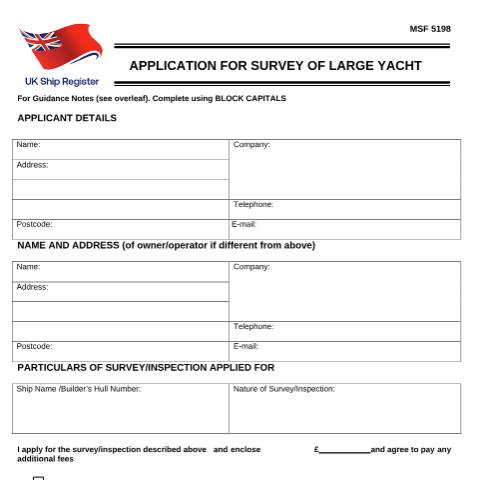 Document preview: How to apply for the survey of a large yacht MSF 5198 — Maritime and Coastguard Agency, United Kingdom