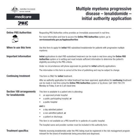 Document preview: Multiple myeloma progressive disease - lenalidomide - initial authority application form (PB158) — Services Australia — Health professionals, Australia (CERFA n°PB158)