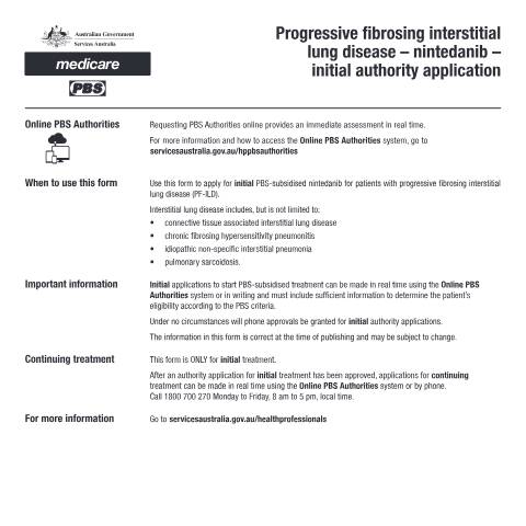 Document preview: Progressive fibrosing interstitial lung disease - nintedanib - initial authority application form (PB332) — Services Australia — Health professionals, Australia (CERFA n°PB332)