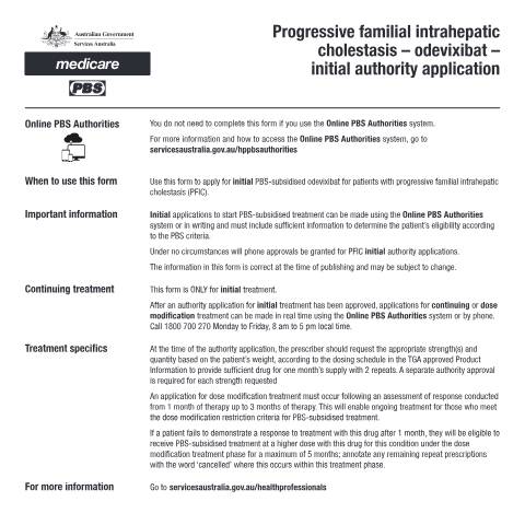 Document preview: Progressive familial intrahepatic cholestasis - odevixibat - initial authority application form (PB392) — Services Australia — Health professionals, Australia (CERFA n°PB392)