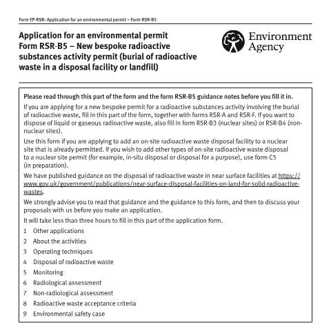 Document preview: Part RSR-B5: apply for on-site burial of radioactive waste permit — Environment Agency, United Kingdom