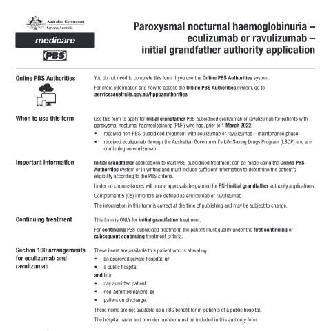 Document preview: Paroxysmal nocturnal haemoglobinuria - eculizumab or ravulizumab - initial grandfather authority application form (PB329) — Services Australia — Health professionals, Australia (CERFA n°PB329)