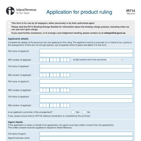 Document preview: Application for product ruling — Managing my tax, New Zealand (CERFA n°IR714)