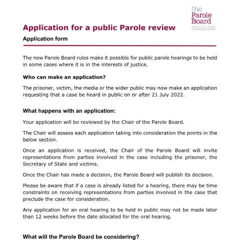 Document preview: Applying for a Parole review to be public — Parole Board, United Kingdom