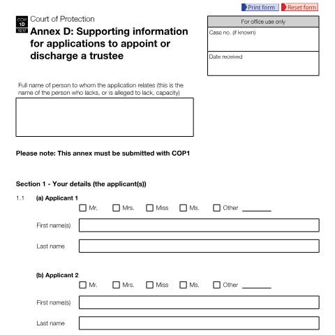 Document preview: Form COP1D: Apply to make decisions on someone's behalf (appoint or discharge a trustee) — HM Courts & Tribunals Service, United Kingdom