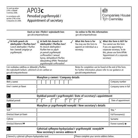 Document preview: Appoint a secretary (AP03c) — Companies House, United Kingdom