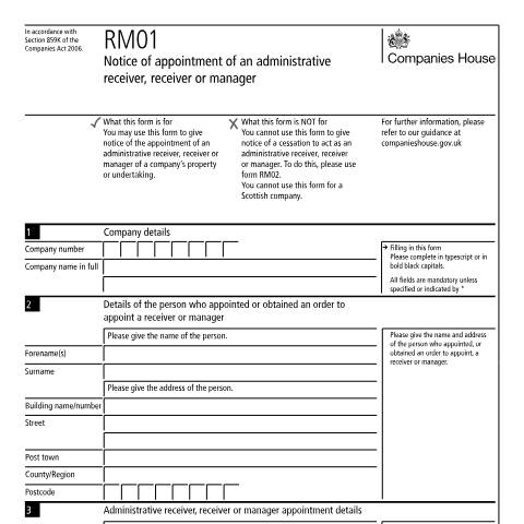 Document preview: Appoint an administrative receiver, receiver or manager (RM01) — Companies House, United Kingdom