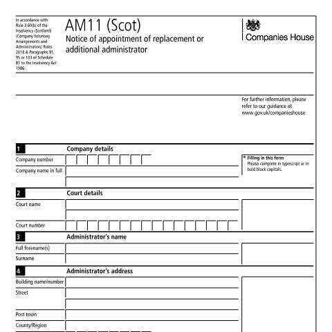 Document preview: Appoint a replacement or additional administrator for a Scottish company: AM11 (Scot) — Companies House, United Kingdom