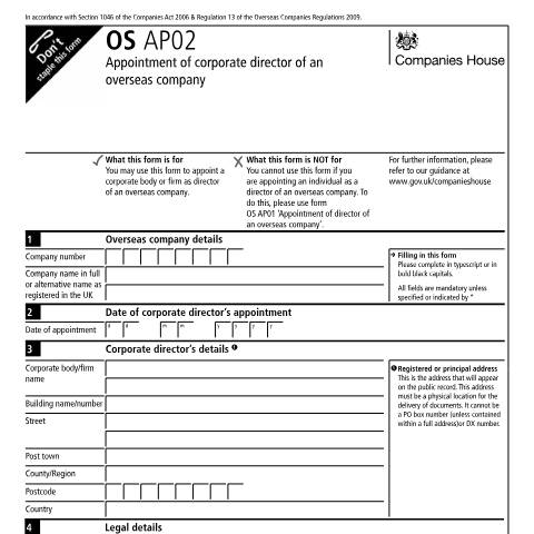 Document preview: Appoint a corporate director of an overseas company (OS AP02) — Companies House, United Kingdom