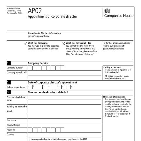 Document preview: Appoint a corporate director (AP02) — Companies House, United Kingdom