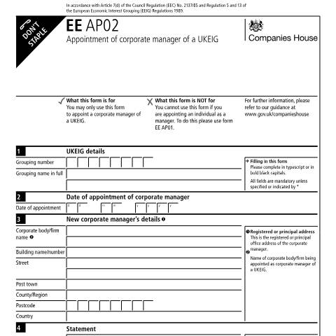 Document preview: Appoint a corporate manager of a UK economic interest grouping (UKEIG) (EE AP02) — Companies House, United Kingdom