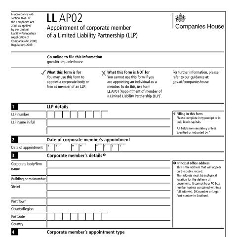 Document preview: Appoint a corporate member of a limited liability partnership (LL AP02) — Companies House, United Kingdom