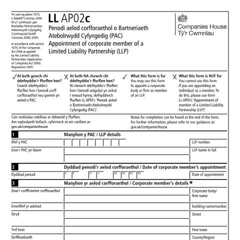 Document preview: Appoint a corporate member of a limited liability partnership (LL AP02c) — Companies House, United Kingdom