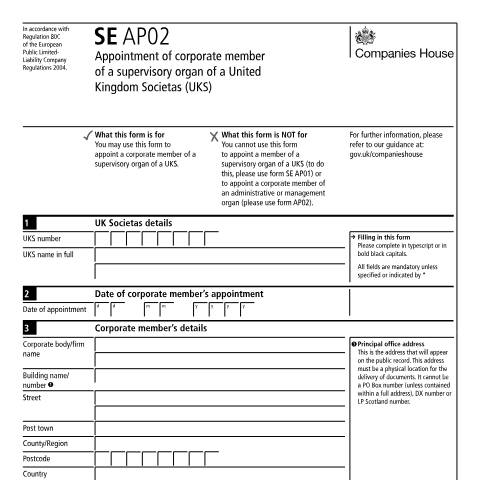 Document preview: Appoint a corporate member of a supervisory organ of a UK societas (SE AP02) — Companies House, United Kingdom