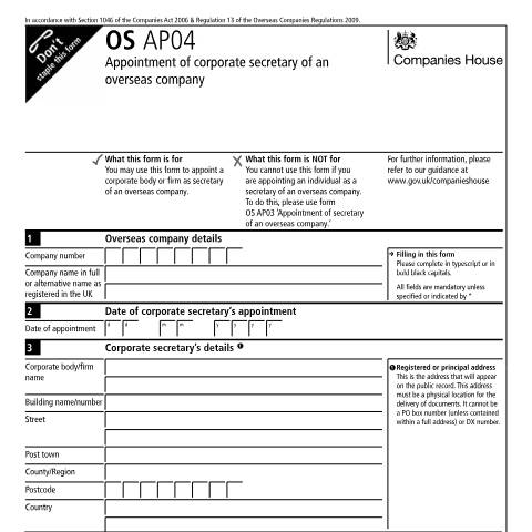 Document preview: Appoint a corporate secretary of an overseas company (OS AP04) — Companies House, United Kingdom