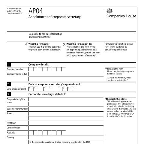 Document preview: Appoint a corporate secretary (AP04) — Companies House, United Kingdom