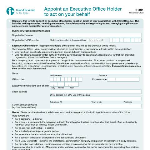 Document preview: Appoint an Executive Office Holder to act on your behalf — Managing my tax, New Zealand (CERFA n°IR401)