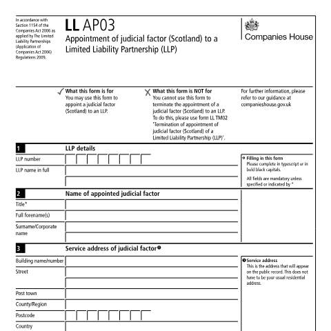 Document preview: Appoint a judicial factor (Scotland) to a limited liability partnership (LL AP03) — Companies House, United Kingdom