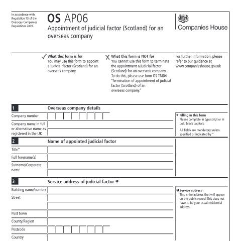 Document preview: Appoint a judicial factor for an overseas company in Scotland (OS AP06) — Companies House, United Kingdom