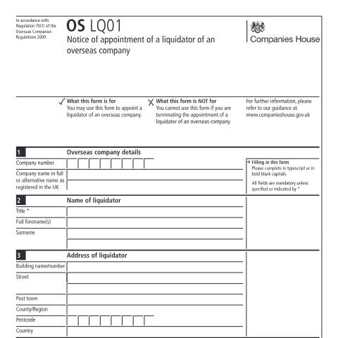 Document preview: Appoint a liquidator of an overseas company (OS LQ01) — Companies House, United Kingdom