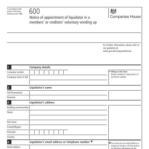 Document preview: Appoint liquidator in voluntary winding up (600CH) — Companies House, United Kingdom