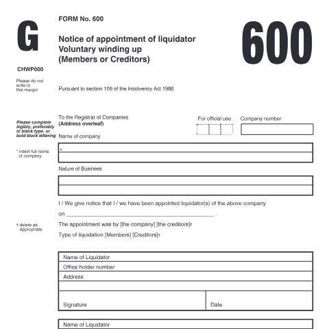 Document preview: Appoint liquidator in voluntary winding up (form 600) — Companies House, United Kingdom