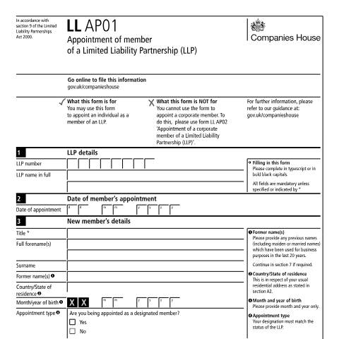 Document preview: Appoint a member of a limited liability partnership (LL AP01) — Companies House, United Kingdom