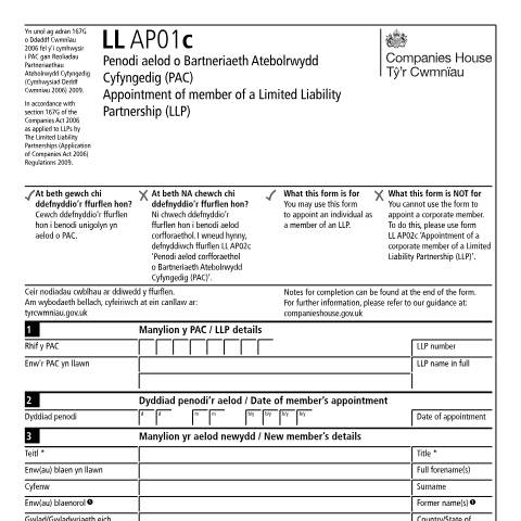 Document preview: Appoint a member of a limited liability partnership (LL AP01c) — Companies House, United Kingdom