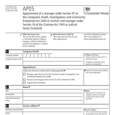 Document preview: Appoint a community interest company or charity manager or a judicial factor (Scotland) — Companies House, United Kingdom