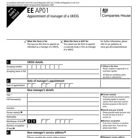 Document preview: Appoint a manager of a UK economic interest grouping (UKEIG) (EE AP01) — Companies House, United Kingdom