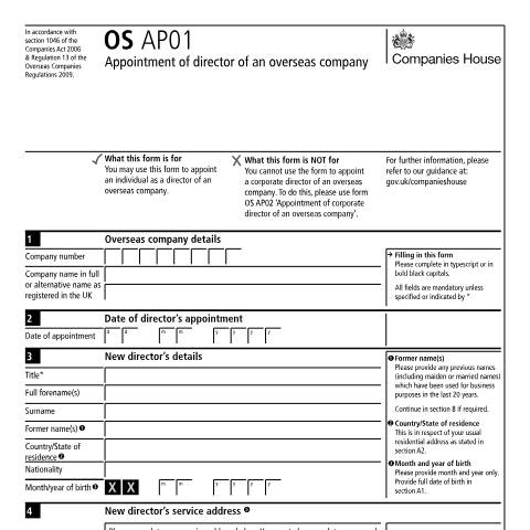 Document preview: Appoint a director of an overseas company (OS AP01) — Companies House, United Kingdom