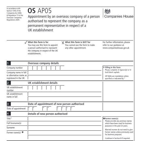 Document preview: Appoint a permanent representative in respect of a UK establishment of an overseas company (OS AP05) — Companies House, United Kingdom
