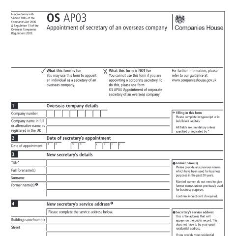 Document preview: Appoint a secretary of an overseas company (OS AP03) — Companies House, United Kingdom