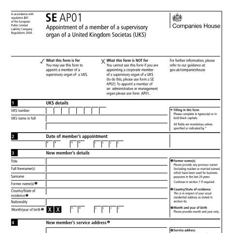 Document preview: Appoint a member of a supervisory organ of a UK societas (SE AP01) — Companies House, United Kingdom